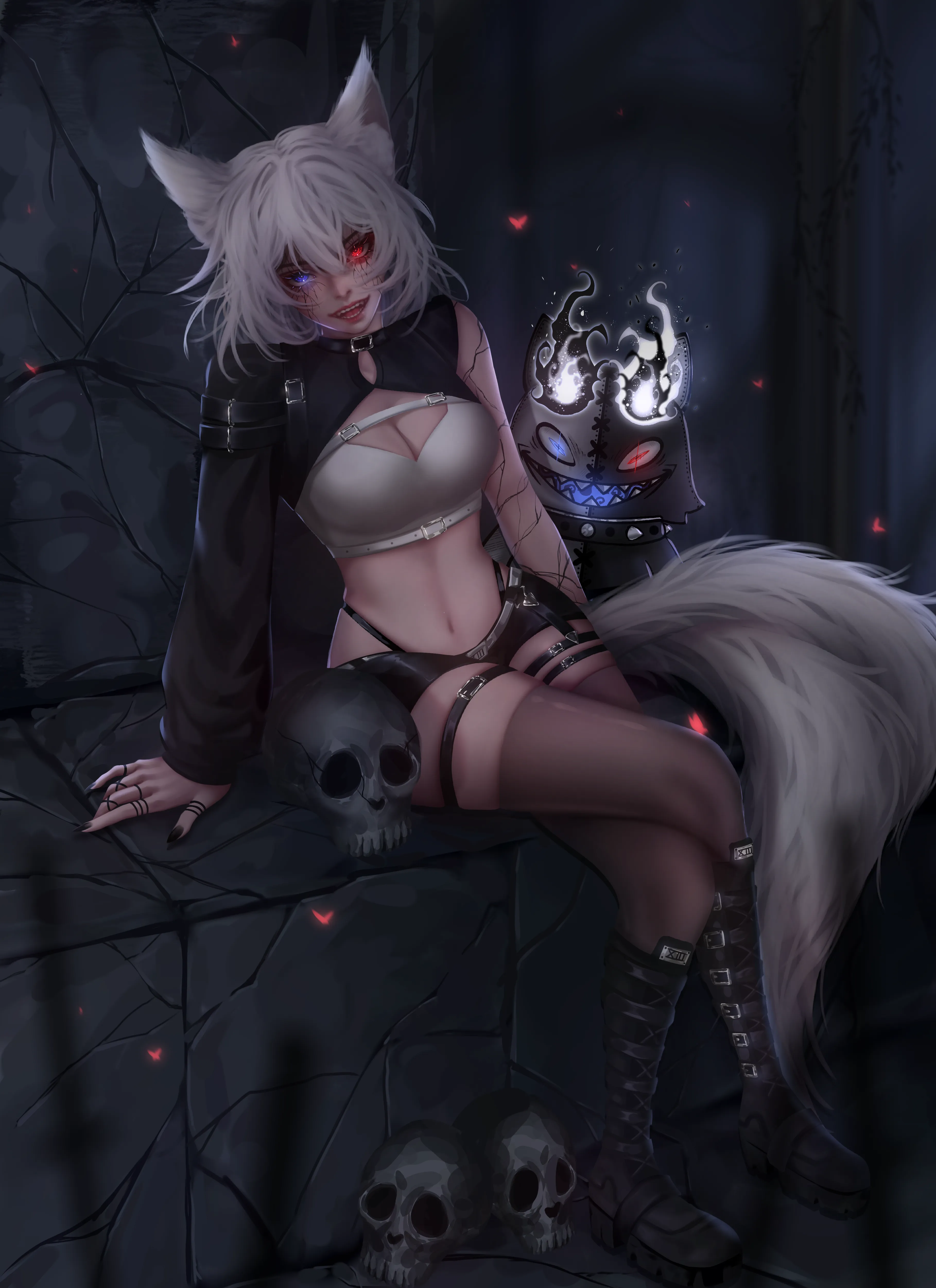 Blankie the nekomata seated among ruins under a dark sky