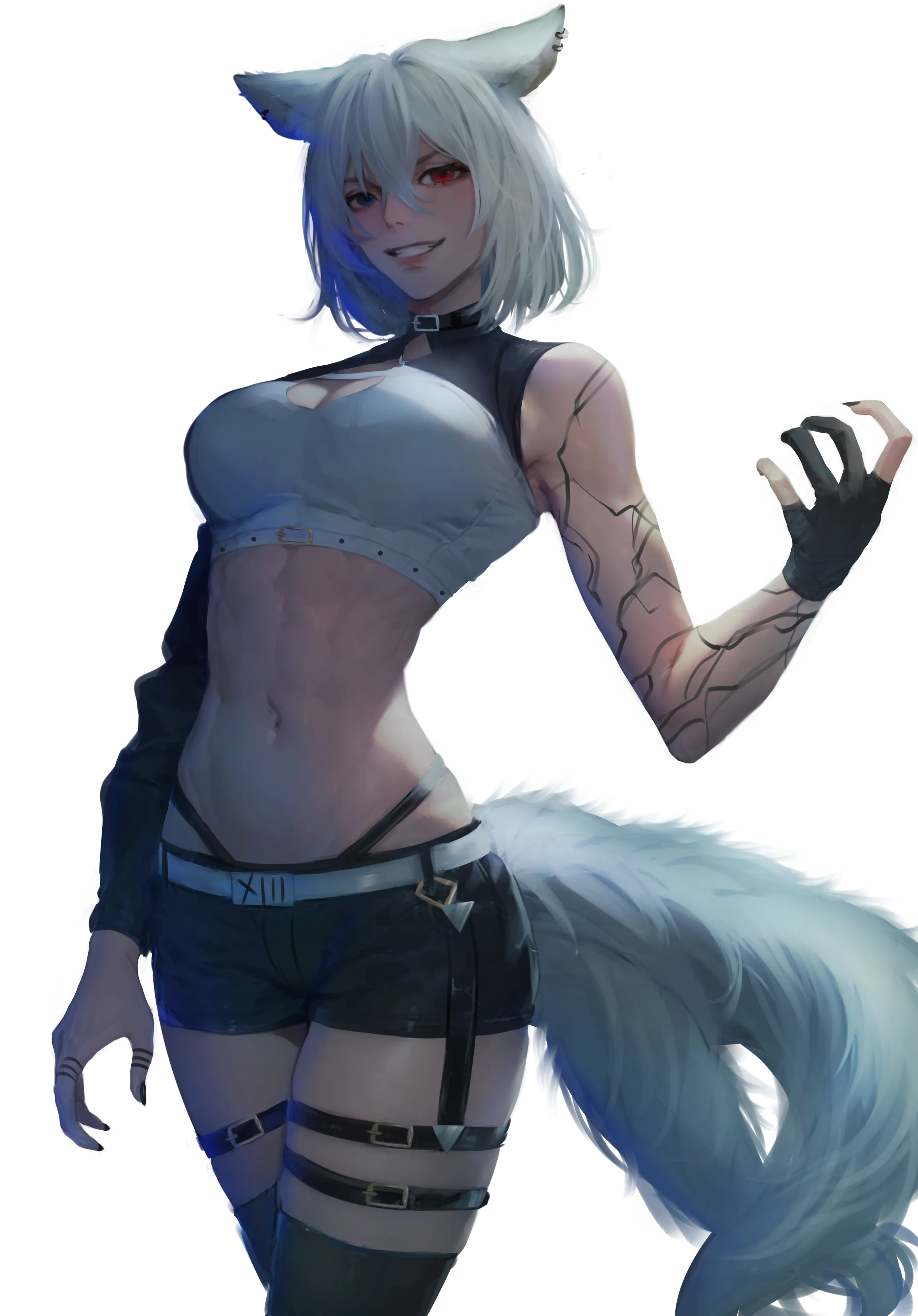 Blankie, a white-haired nekomata with one blue eye and one red eye